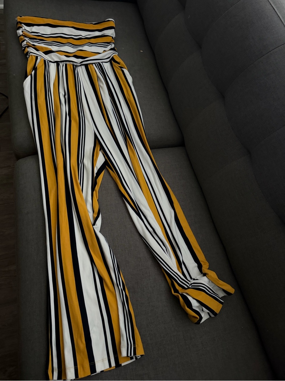 J for Justify Mustard, White & Black Striped Wide-Leg Jumpsuit